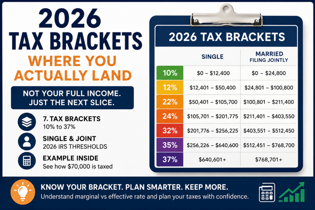 Chart showing 2026 tax bracket income thresholds by filing status