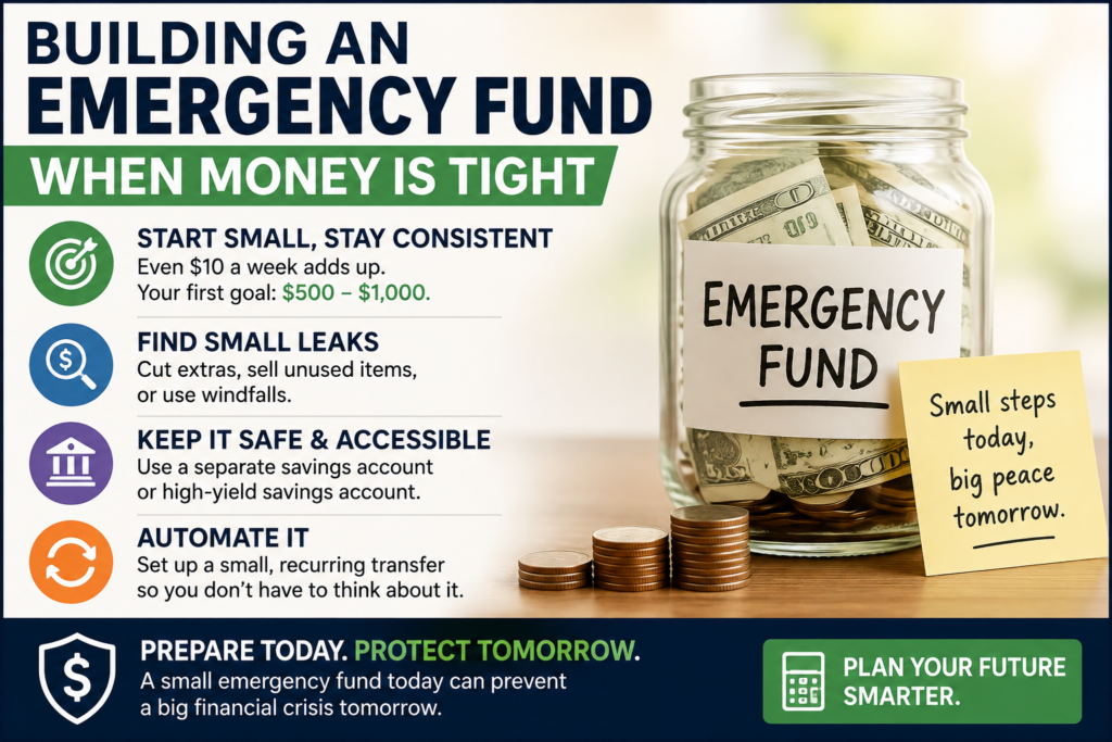 Jar of coins labeled emergency fund when money is tight