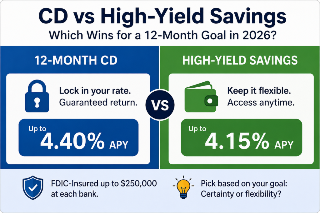 CD vs high-yield savings comparison for a 12-month savings goal