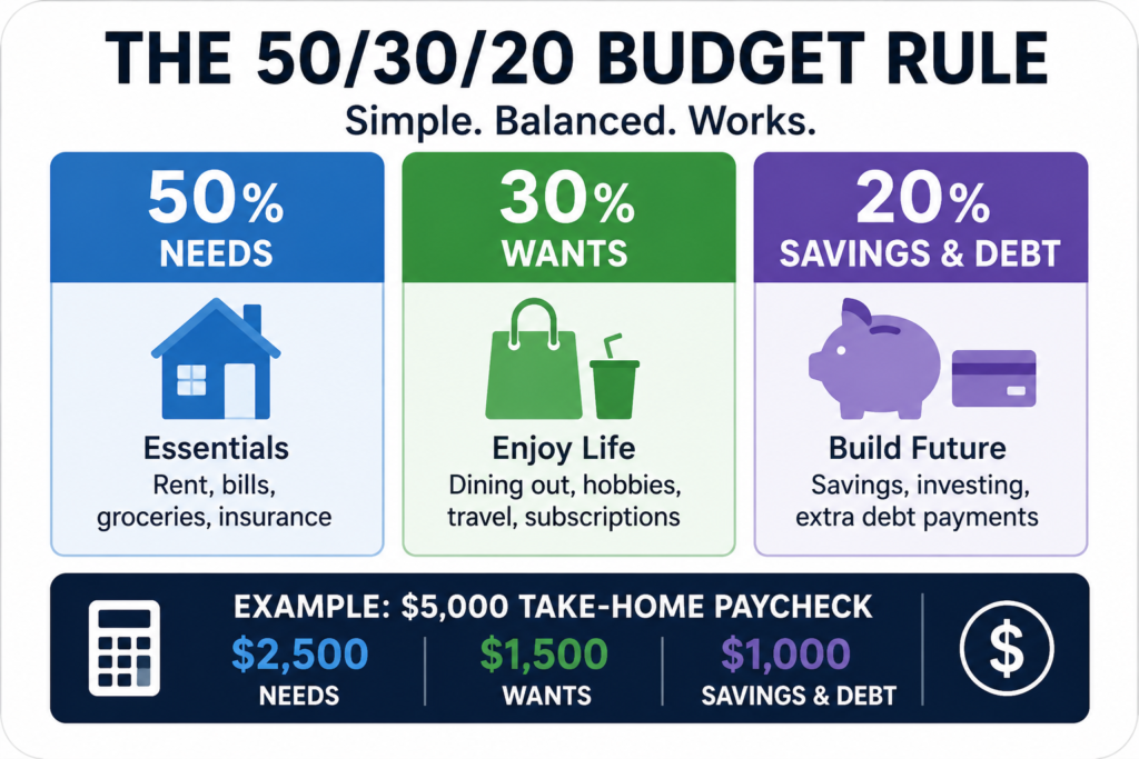 50/30/20 budget rule breakdown chart with real numbers