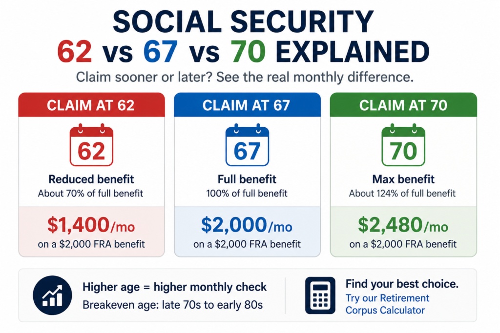 Social Security benefit comparison chart for claiming at 62 vs 67 vs 70