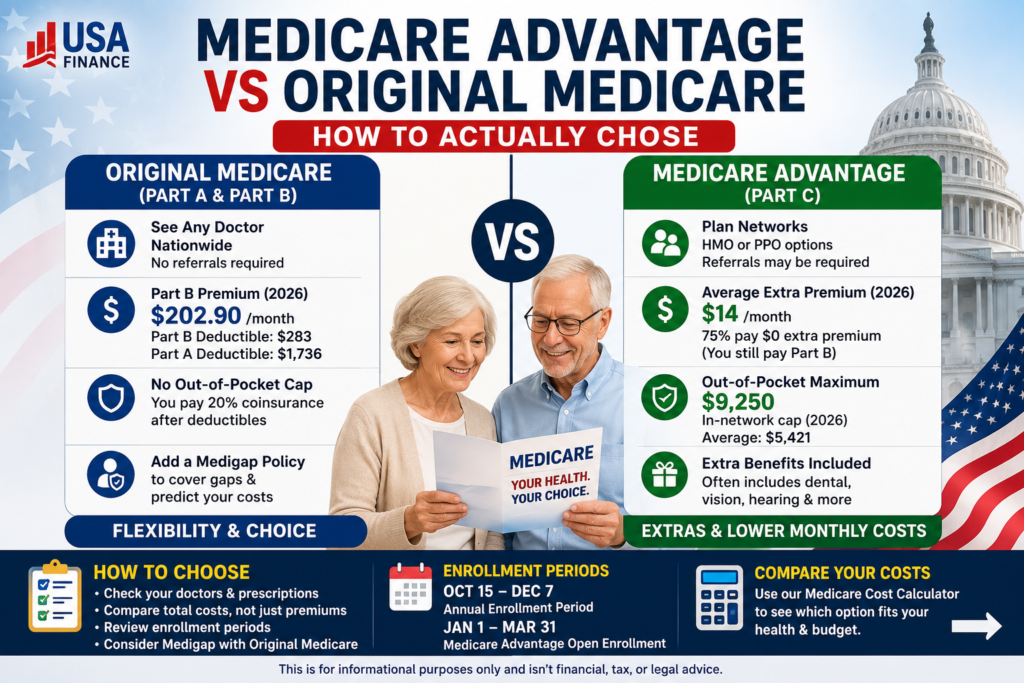Side by side chart comparing Medicare Advantage vs Original Medicare costs in 2026
