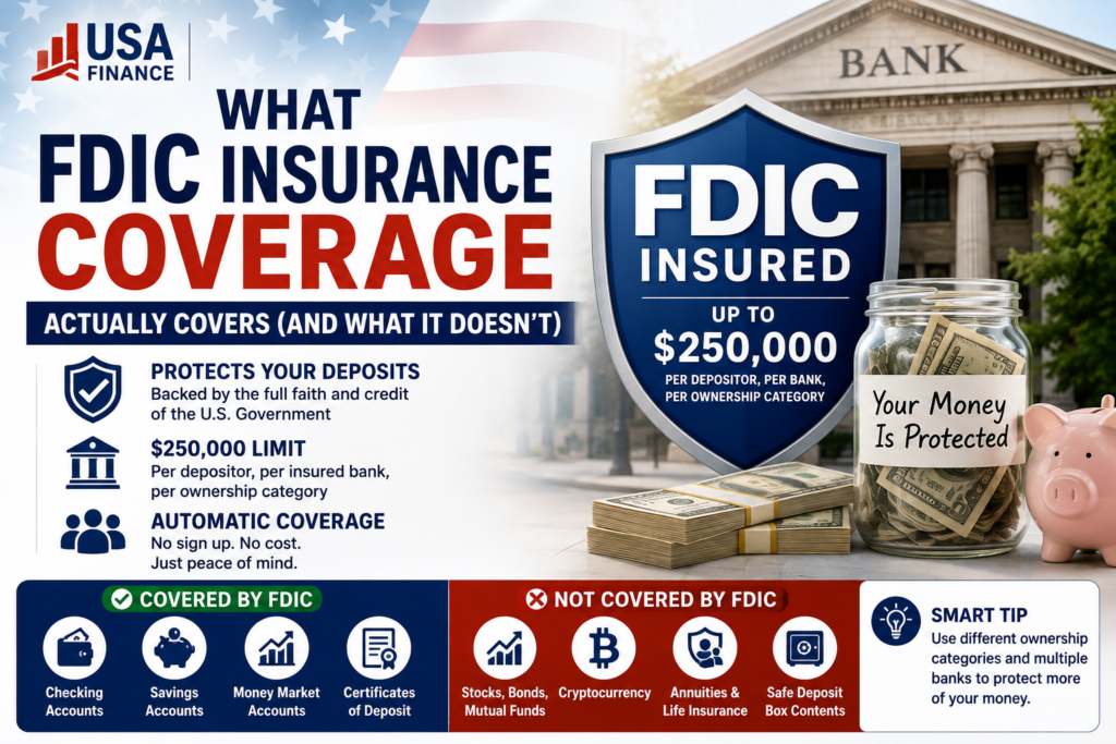 Chart showing what FDIC insurance coverage protects at a bank versus what it excludes