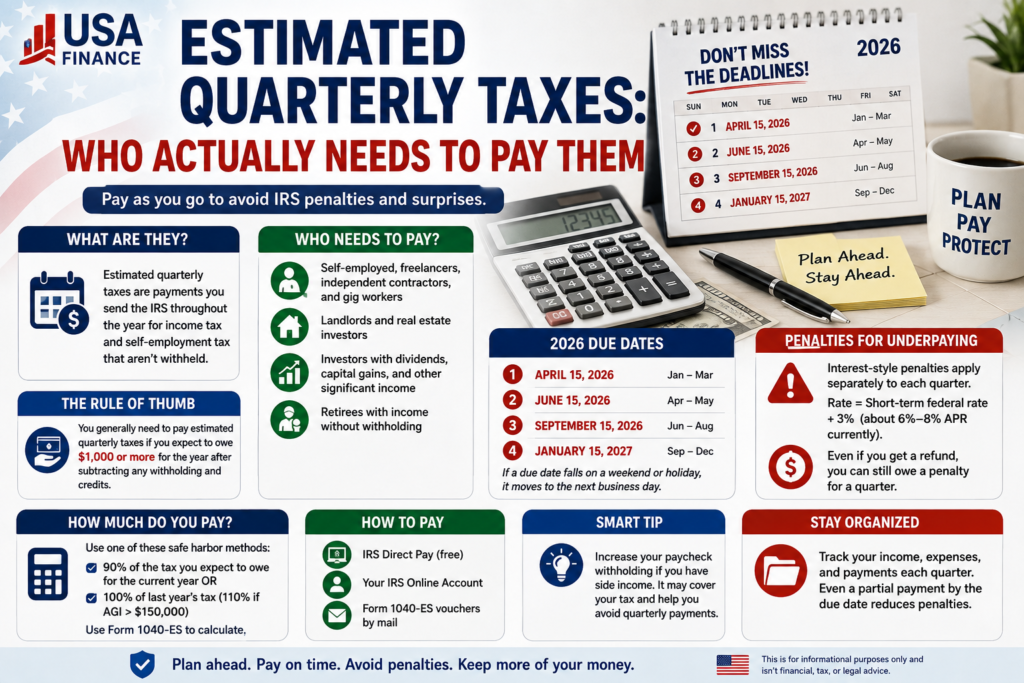 Calendar marking the four 2026 estimated quarterly taxes due dates
