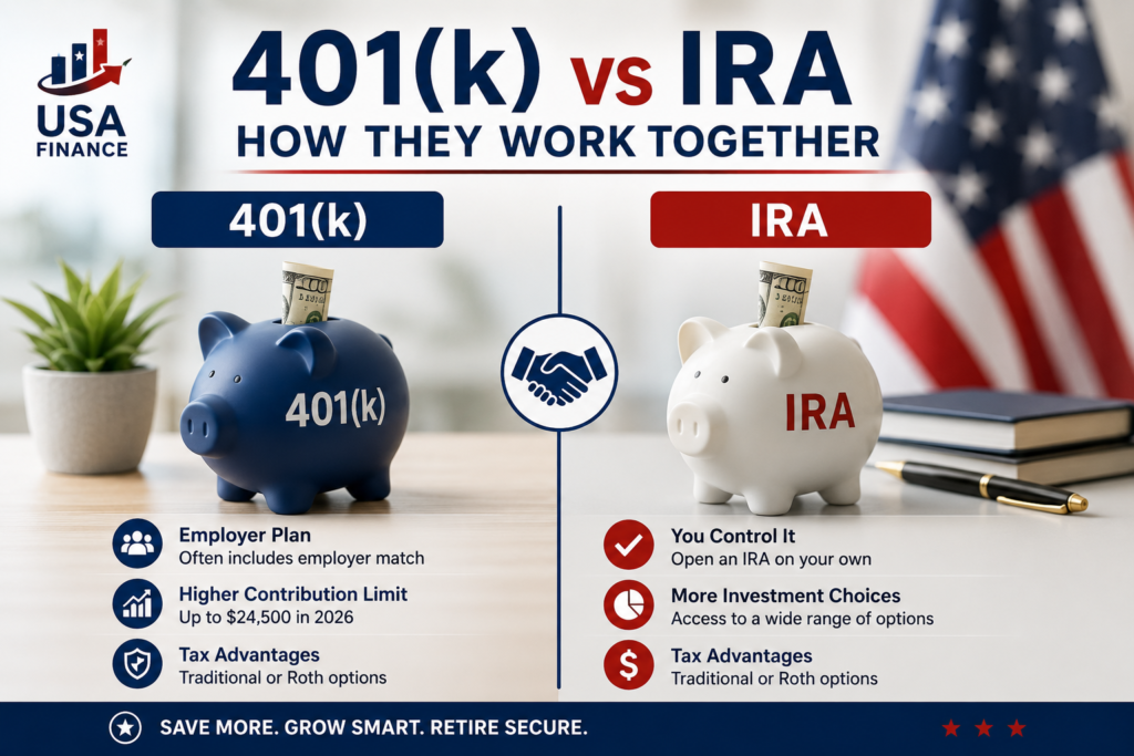Side by side chart comparing 401(k) vs IRA contribution limits for 2026