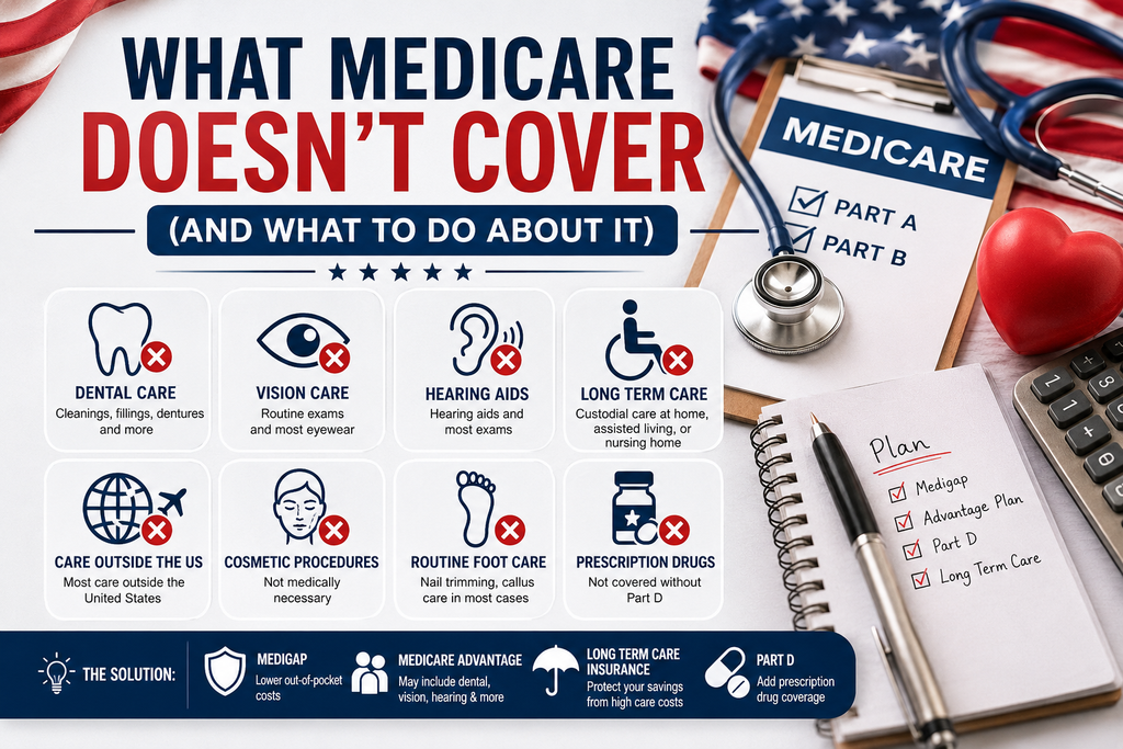 Chart showing what Medicare doesn't cover, including dental, vision, and long term care