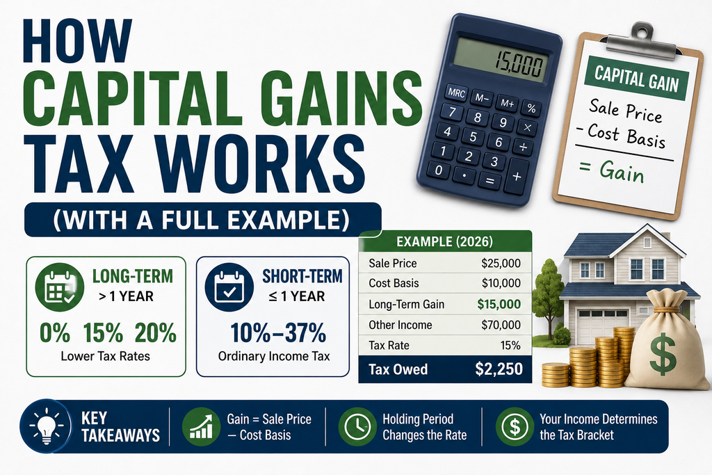 Example chart showing how capital gains tax works on a stock sale