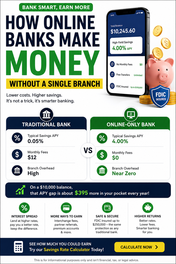 Illustration showing how online banks make money without physical branches