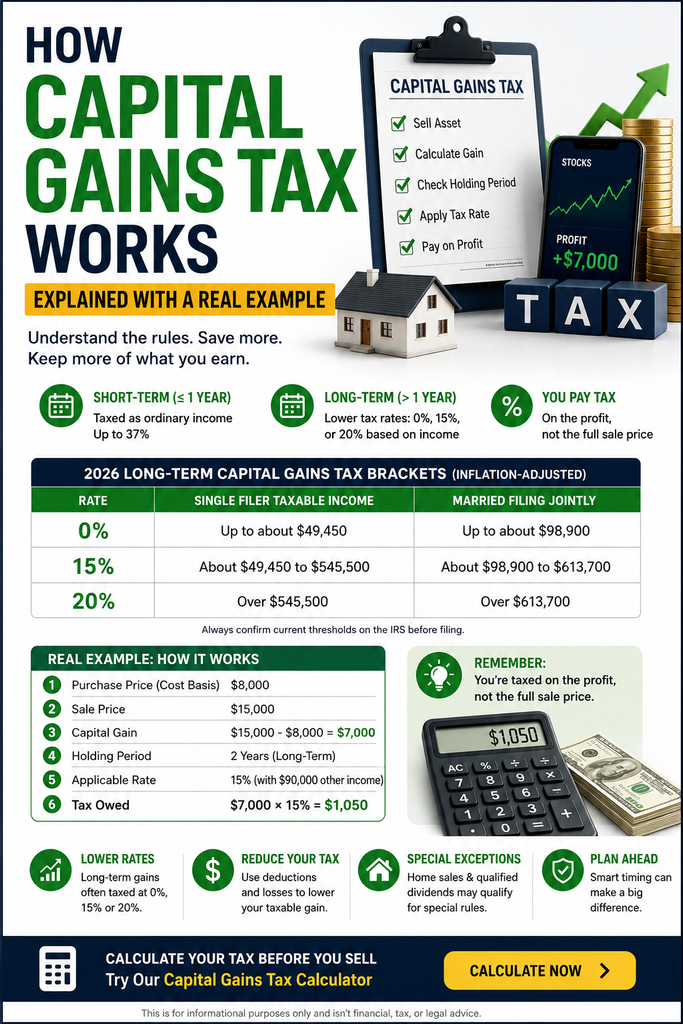 Chart showing how capital gains tax works on a stock sale example
