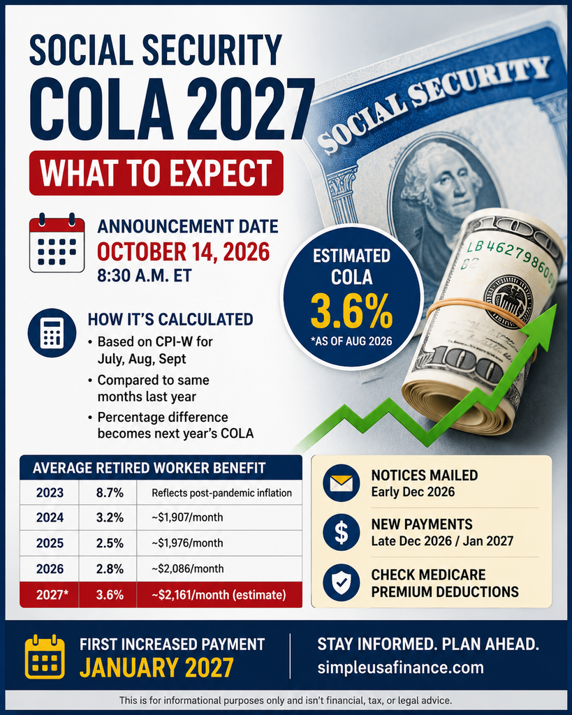 Social Security COLA 2027 announcement date and benefit increase chart