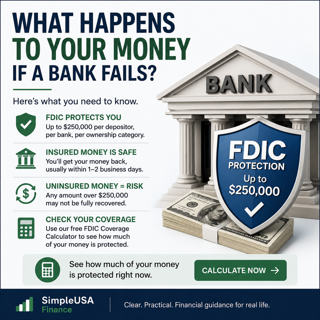 Illustration explaining what happens to your money if a bank fails, showing FDIC protection