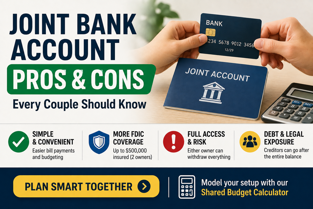 Couple reviewing joint bank account pros and cons at a kitchen table