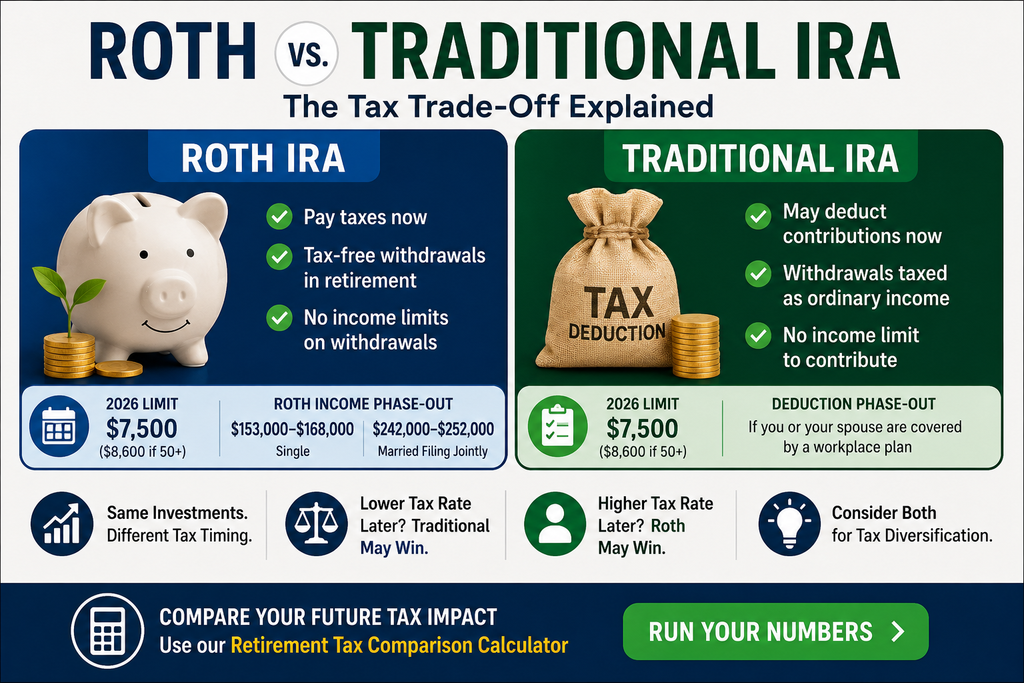 Roth vs traditional IRA comparison chart showing tax timing differences