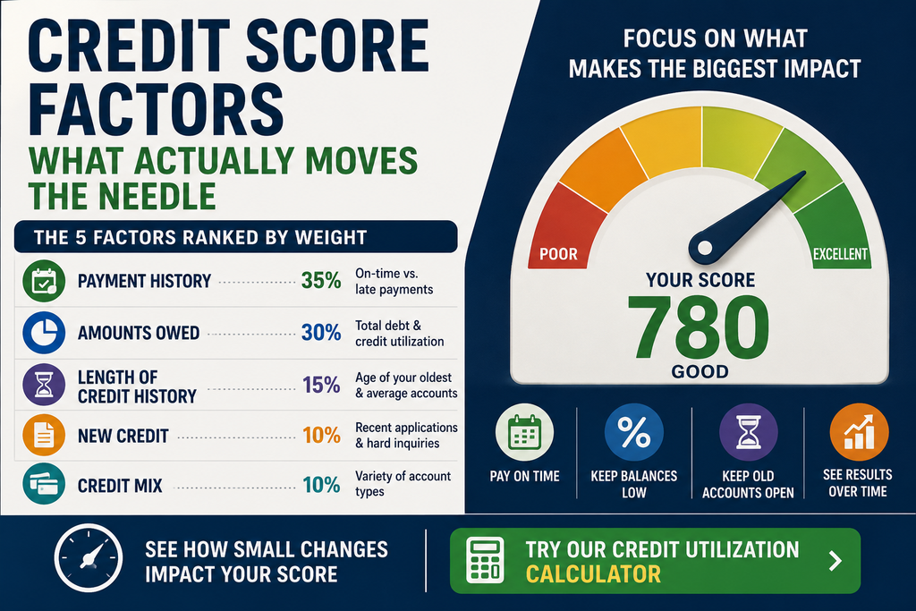 Dashboard showing the main credit score factors and their weighted percentages