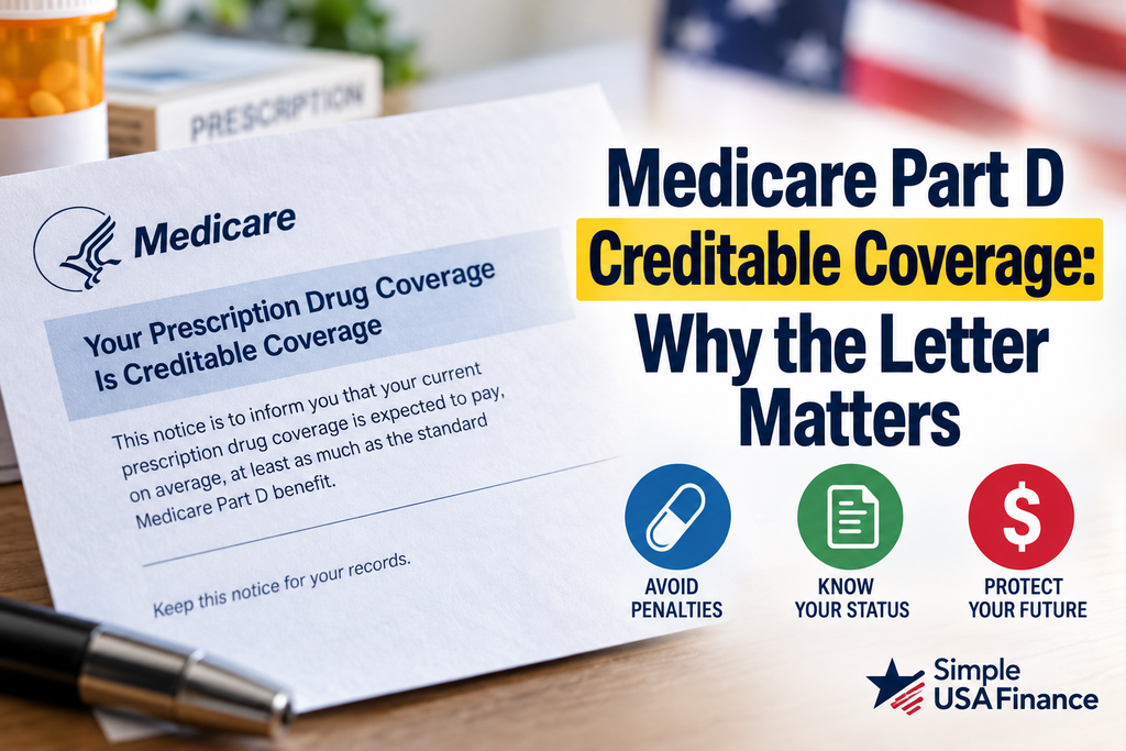 "Medicare Part D creditable coverage notice letter next to an open enrollment calendar"