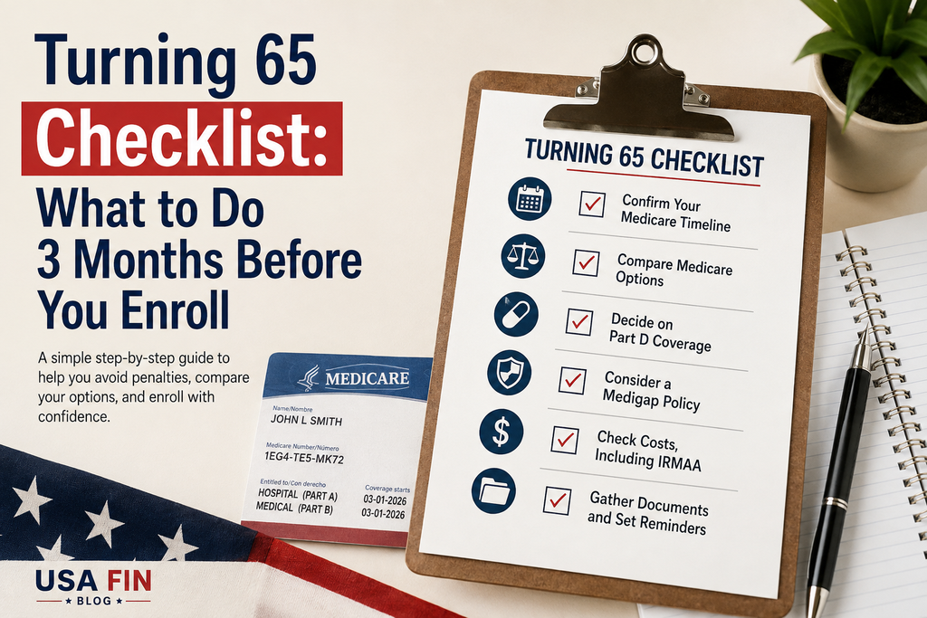 turning 65 checklist showing Medicare enrollment steps 3 months before your birthday