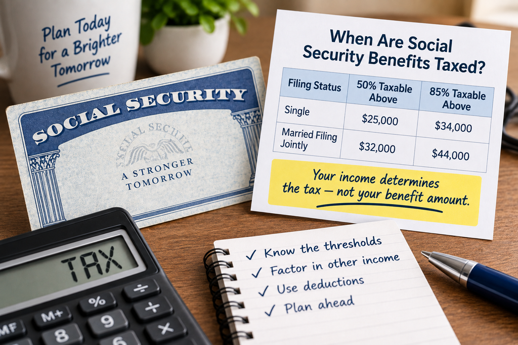 Social Security taxation thresholds shown with a benefit statement and calculator"